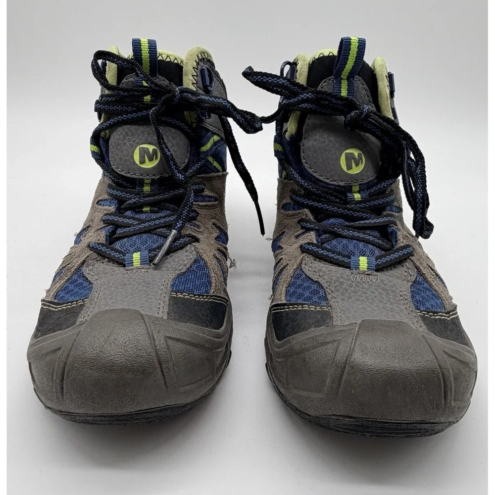 Merrell Boots Boys Youth Size 2M Blue Gray Capra Mid Waterproof Hiking MC54635